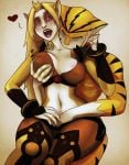 blonde_hair breasts cat_ears cheetara fingering furry groping hagfish hand_in_pants kissing kissing_neck navel neck_kiss pussy_fingering sitting_on_lap spoken_heart sweat thundercats tiger_stripes tygra