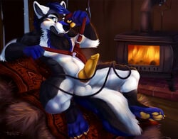 anthro balls beauwolfhusky canine canine_penis chest_tuft chibi-marrow erection fire furry harness husky hybrid knot looking_at_viewer male male_only nude pawpads paws penis reclining solo spread_legs spreading tuft wolf yellow_penis