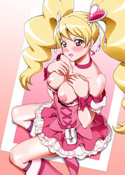 1girls areola blonde_hair blush boots breast_suppress breasts breasts_out busty choker cleavage clothing cure_peach dress earrings eyelashes female female_only fresh_precure! fresh_pretty_cure! hair_ornament hairpin heart heart_hair_ornament high_heels highres jewelry long_hair looking_at_viewer magical_girl medium_breasts momozono_love nipples open_mouth pink_dress pink_eyes precure pretty_cure ribbon sabamiso shiny shiny_skin smile solo tied_hair twintails undressing voluptuous wrist_cuffs