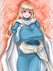 1girls blonde_hair blue_eyes breasts busty cape chichi_kurage_ss curvy female fire_emblem fire_emblem:_the_blazing_blade genderswap_(mtf) huge_breasts lips long_hair lucius_(fire_emblem) puffy_nipples rule_63 solo standing voluptuous