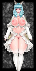 animal_ears ass breasts chichi_kurage_ss female huge_breasts huge_nipples nipples puffy_nipples pussy see-through sheer simple_background slug slug_girl solo standing