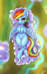 blue_fur cloud cutie_mark equine female feral friendship_is_magic fshydale fur hair hi_res horse looking_at_viewer lying multicolored_hair my_little_pony navel outside pegasus pony purple_eyes pussy rainbow_dash_(mlp) rainbow_hair river signature smirk solo wings