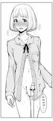 1boy androgynous blush censored clothing crossdressing erection foreskin genshiken hato_kenjirou high_resolution looking_at_viewer male male_only monochrome navel open_clothes open_mouth open_shirt penis ribbon short_hair solo sweat testicles translation_request vibrator vibrator_on_penis yn_red