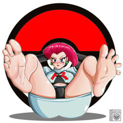 barefoot black_panties blue_eyes blush feet female female_only foot_focus human human_only jessie_(pokemon) navel panties pokemon presenting red_hair showing_feet skirt soles solo team_rocket upskirt zentagas