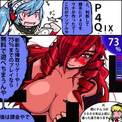 2014 3girls aegis_(persona) aigis_(persona) android big_breasts blonde_hair blue_beer_(artist) blue_hair blush breasts busty censor_bar dialogue drill_hair embarrassed eyebrows_visible_through_hair female female_focus female_only gynoid hair hair_over_one_eye japanese_text labrys large_breasts light_blue_hair long_hair megami_tensei mitsuru_kirijo multiple_girls persona persona_3 persona_4 persona_4_arena ponytail red_eyes red_hair robot robot_girl short_hair speech_bubble tagme text topless translation_request voluptuous