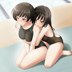 2girls amagami arm arm_grab arms bare_legs bare_shoulders barefoot black_eyes black_hair blue_eyes blush breast_hold breasts collarbone competition_swimsuit embarrassed feet female friends hairband hug hug_from_behind legs licking long_hair looking_at_viewer morishima_haruka multiple_girls naughty_face one-piece_swimsuit ponytail pool short_hair shy smile swimsuit takacchi tied_hair tongue tsukahara_hibiki v_arms yuri