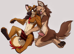 2014 anthro blush brown_fur canine canine_penis duo from_behind fur grope hand_in_underwear keihound knot licking licking_lips male male_only multiple_males nude penis tongue topless yaoi