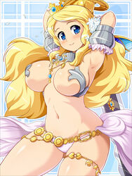 1girls armor armpit armpits arms_up bikini_armor blonde_hair blue_eyes blush breasts cleavage code_of_princess color crown eyelashes female female_only gold huge_breasts jewelry konpeto long_hair midriff navel panties revealing_clothes skimpy smile solange_blanchefleur_de_lux solo sword thick_thighs weapon