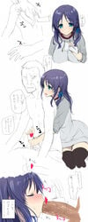 age_difference black_legwear blue_eyes blush censored closed_eyes clothing fellatio female highres hiradaira_chisaki kihara_isamu nagi_no_asukara novelty_censor open_mouth oral penis poin purple_hair side_ponytail sketch smile text thighhighs translation_request wash_cloth washing zettai_ryouiki