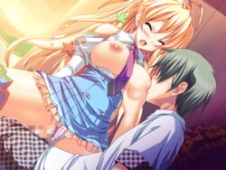 animated blonde_hair blush bouncing_breasts breast_sucking breasts breasts_out censored closed_eyes cowgirl_position female game_cg hair_pin hybrid_animation long_hair male mosaic_censoring nipples open_mouth panties panties_aside perfect_loop pussy source_request squeez straight striped striped_panties vaginal_penetration