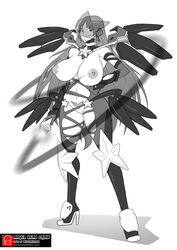 1girls armor big_breasts bishoujo_senshi_sailor_moon breasts brown_hair dark-skinned_female dark_skin female greyscale high_heels huge_breasts large_breasts lipstick long_hair monochrome nipples puffy_nipples pussy sailor_lead_crow shadow_galactica smile solo standing tattoo thick_thighs topless villainess wide_hips wings witchking00