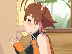 animal_ears animated antenna_hair blazblue blush brown_hair censored fellatio female fur hair makoto_nanaya male oral orange_eyes penis straight