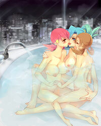 3girls anal_fingering aqua_hair arm_grab artist_request ass back bare_back bare_legs bare_shoulders barefoot bath bathtub blue_eyes blue_hair blush breasts breath brown_hair city cityscape clair_(pokemon) closed_eyes collarbone eye_contact feet female female_only fingering flat_chest french_kiss group_hug gym_leader hair_ornament hair_up half-closed_eyes hand_holding harem hug human human_only interlocked_fingers kissing large_breasts legs looking_at_another low_twintails lyra_(pokemon) moaning multiple_girls naughty_face night night_sky nipples nude open_mouth partially_submerged pink_hair pokemon ponytail pussy red_eyes saliva saliva_trail short_hair sitting sky sweat threesome tied_hair tongue tongue_out twintails water wet whitney_(pokemon) yuri