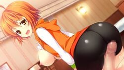 areolae ass backboob bed bike_shorts blush breasts breasts_out censored erection female from_behind game_cg highres kunai_uri large_breasts looking_back lying nipples no_bra noblesse_of_rouge open_mouth orange_eyes orange_hair penis rubbing shirt_lift short_hair sitting sitting_on_person