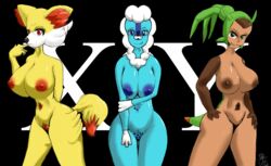 anthro anthrofied big_breasts blue_eyes blue_nipples breasts canine chespin erect_nipples female fennekin froakie fur furry hair long_hair looking_at_viewer nintendo nipples nude open_mouth plain_background pokemon pokemon_(species) pussy red_nipples smile starter_pokemon starter_trio text video_games