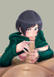 black_hair blue_eyes blush breasts fellatio female final_fantasy final_fantasy_vii handjob looking_at_viewer motion_blur nipples no_bra oral pecolondon penis pov precum ribbed_sweater short_hair solo_focus sweater sweater_lift uncensored yuffie_kisaragi