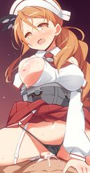 1girls 9law bare_shoulders black_panties blush breasts brown_hair clothed_sex clothing cowgirl_position cum cum_in_pussy cum_inside detached_sleeves female female_on_top highres kantai_collection large_breasts littorio_(kantai_collection) long_hair male necktie nipples open_mouth penetration penis pussy red_skirt sex shirt skirt skirt_lift solo_focus spread_legs straddling straight tears vaginal_penetration