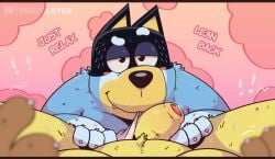 2026 anthro anthro_on_anthro australian_cattle_dog bandit_heeler bedroom_eyes belly big_penis bird_dog bite bluey_(series) blush bodily_fluids canid canine canis cattledog claws clothed clothing clothing_aside clothing_bite dialogue digitslayer domestic_dog duo emanata english_text exclamation_point eyebrows first_person_view foreskin fur genital_fluids genitals glans golden_retriever half-erect hand_on_leg hand_on_thigh herding_dog hi_res humanoid_genitalia humanoid_penis hunting_dog imminent_sex looking_at_viewer male male/male mammal motion_lines musclegut muscular muscular_anthro muscular_male narrowed_eyes pastoral_dog pat_(bluey) patreon pecs penis pink_background precum raised_eyebrow retriever seductive simple_background smile sweat sweatdrop talking_to_viewer teeth text thick_penis topless topless_anthro topless_male tuft underwear underwear_aside underwear_bite underwear_only unretracted_foreskin url
