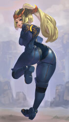 bel_(beltorchika12) beltorchika12 blonde_female blonde_hair blue_bodysuit blue_eyes bodysuit female female_focus female_only full_body_suit fully_clothed gold_lines headpiece kanahebi looking_at_viewer ponytail ponytail_(hair) presenting_hindquarters rear_view smile