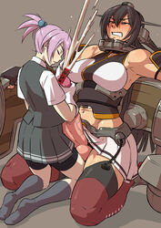 2girls black_eyes breasts censored cum cumshot ejaculation forced_orgasm futa_with_female futanari gloves hair handjob huge_cock intersex kantai_collection kneeling large_breasts large_testicles lavender_hair mikoyan nagato_(kantai_collection) penis penis_under_skirt red_eyes shiranui_(kantai_collection) size_difference testicles