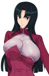 1girls areola areolae asymmetrical_clothes big_breasts breasts female fully_clothed green_hair gundam gundam_00 long_hair looking_at_viewer nipples nipples_visible_through_clothing no_bra see-through wang_liu_mei yellow_eyes