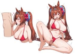 1boy absurdres animal_ears barefoot bikini bikini_bottom_aside bow breasts brown_hair clitoral_hood clitoris clothing_aside commission crossed_bangs daiwa_scarlet_(umamusume) disembodied_penis double-parted_bangs fellatio female female_pubic_hair hair_between_eyes hair_intakes hairbow halterneck highleg highleg_bikini highres horse_ears horse_girl horse_tail large_breasts long_hair moursho navel nipple_slip nipples oerba_yun_fang open_mouth oral penis pubic_hair pubic_hair_peek pussy red_bikini red_eyes saliva second-party_source sex sitting skin_fang stomach straight string_bikini swimsuit tail testicles tiara tongue tongue_out twintails umamusume uncensored vaginal_penetration very_long_hair