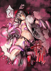 ass black_panties blush breasts brown_hair camera clenched_teeth closed_eyes female hat nipples no_bra no_pants open_clothes open_shirt panties panty_pull pussy rape sasayuki shameimaru_aya shirt side-tie_panties solo tears tentacle text tokin_hat touhou translation_request underwear