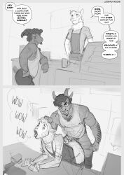 anal anal_sex anthro apron arm_hair beverage body_hair bovid caprine clothing coffee coffee_cup coffee_mug coffee_shop container cup dialogue duo english_text enjoying eyewear flirting gay gay_male glassed glasses goat hi_res male male/male mammal monochrome penetration pick-up_line purplebirdman rejection sheep shirt short_male size_difference small_dom_big_sub small_top_big_bottom speech_bubble tall_male tank_top text topwear wearing_glasses yaoi