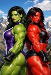 2female 2girls ai-created ai_art ai_assisted ai_generated animated antiheroine ass ass_to_ass assloverdianadanvers betty_ross big_ass big_breasts black_hair bra butt_focus butt_to_butt fingerless_gloves gift_art green_body green_eyes green_hair green_skin hand_on_ass hot jennifer_walters leotard looking_at_viewer marvel marvel_comics mountain mountainous_horizon muscular muscular_female panties red_body red_lipstick red_she-hulk red_skin red_skinned_female sexy she-hulk smile superheroine yellow_eyes