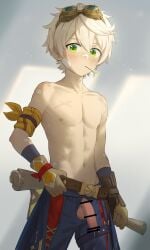 1boy abs absurdres apple_green_eyes band-aid band-aid_on_arm band-aid_on_nose bandage bandage_on_face bandaid bandaid_on_arm bandaid_on_cheek bandaid_on_face bandaid_on_nose bandaid_on_shoulder bandaid_on_stomach bangs bar_censor bare_pectorals bare_shoulders beige_gloves beige_hair belt bennett_(genshin_impact) bishounen blue_pants blush_lines brown_belt brown_leather bruise bruised censor_bar censored collarbone cream_hair cum cum_string cumdrip cute cute_boy cute_face deltoids detailed_eyes dripping exposed_penis fit fit_male flaccid front_view genshin_impact gloves goggles goggles_on_head green_eyes hair_between_eyes highres hip_bones holding holding_belt holding_object holding_paper leather_belt leather_clothing leather_gloves light-skinned_male light_green_eyes light_skin long_gloves looking_at_viewer looking_down low-angle_view luye_yuan male male_focus male_only navel nipples olive_skin open_fly pale-skinned_male pale_skin pants paper pecs pectorals penis penis_out penis_through_fly platinum_blonde_hair pointless_censoring ribs scar scar_on_arm scar_on_chest scar_on_shoulder scar_on_stomach scars scars_all_over scroll shoulders simple_background soft_penis solo standing staring_at_viewer steampunk_goggles stomach straw_in_mouth sunlight tan-skinned_male tan_skin testicles third-party_source toned toned_male topless_male twig_in_mouth white_background white_hair