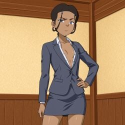 1girls ai_generated annoyed avatar_legends avatar_the_last_airbender blazer blue_eyes brown_hair business_suit cleavage collared_shirt deep_cleavage eyebrow_raise female flat_chest flat_chested hair_loopies hand_on_hip katara open_blazer open_shirt open_suit plunging_neckline suit water_tribe white_dress_shirt white_shirt