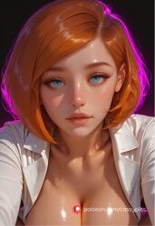 ai_generated ann_possible blue_eyes blush boobs_out booty breasts busty curvy doctor ginger hot kim_possible large_breasts long_eyelashes milf mommy naked nude orange_hair perfect_body puffy_lips selfie sexy shirt_open short_hair slim_waist thick_thighs wide_hips