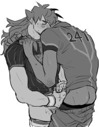 2boys ass blush champion_uniform chuu_ni clothes_grab clothes_pull commentary_request cowboy_shot cum cum_on_body cum_on_hands dynamax_band grabbing_another's_shirt greyscale hand_on_another's_shoulder handjob leon_(pokemon) long_hair male_focus male_underwear male_underwear_pull monochrome multiple_boys mutual_masturbation pants pants_pull parted_bangs pinstripe_pattern pinstripe_shirt pokemon pokemon_sword_and_shield raihan_(pokemon) shirt short_sleeves simple_background standing sweat underwear white_background yaoi