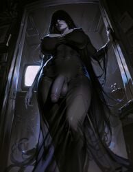 1futa ai_generated black_hair covered_eyes creepy dark_room dickgirl erect_nipples esendor from_below futanari grey_skin huge_cock huge_penis intersex looking_at_viewer massive_breasts see-through_clothing see-through_penis solo thick_penis transparent_clothing very_long_hair