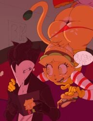 1boy anthro big_ass black_hair burger_hat burger_kat_(talons_tw) burger_uniform cat_girl chubby curvy duo embarrassed fast_food_uniform feline female flustered gloves holding_menu huge_ass male menu name_tag orange_cat red_and_white_stripes red_panties size_difference speech_bubble striped_sleeves suit sweat talons_tw teasing thick_thighs wide_eyes wide_hips yellow_uniform