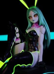 3d 3d_(artwork) arlequinfox bunny_costume bunny_ears bunnysuit cyberpunk:_edgerunners cyberpunk_2077 cyborg green_eyes green_hair grey_skin high_heel_boots high_heels looking_at_viewer playboy_bunny rebecca_(edgerunners) red_sclera samzan_(modeler) thigh_boots