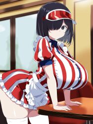 1girls 2d 2d_(artwork) apron bare_shoulders bent_over bent_over_table big_ass big_breasts black_eyes black_hair bob_cut breasts_bigger_than_head clothing employee_uniform empty_eyes fast_food_uniform female fully_clothed hair_over_one_eye headdress himi_kaede_(suzumori_kuroku) huge_breasts japanese_text juliet_sleeves large_breasts light-skinned_female light_skin looking_at_viewer miniskirt original shirt short_hair skirt solo solo_female standing stripes suzumori_kuroku text thick_thighs thighhighs thighs visor_cap voluptuous waitress waitress_uniform white_thighhighs