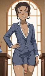 1girls ai_generated avatar_legends avatar_the_last_airbender blazer blue_eyes blush brown_hair business_suit cleavage cock collared_shirt deep_cleavage female flat_chest flat_chested futa_only futanari hair_loopies hand_on_hip katara open_blazer open_shirt open_suit penis plunging_neckline smirk suit water_tribe white_dress_shirt white_shirt