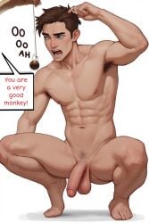 acting_like_an_animal ai_generated degradation degrading domination humiliated humiliation hypnosis hypnotic_eyes male_only monkey nude_male pendulum submissive submissive_male