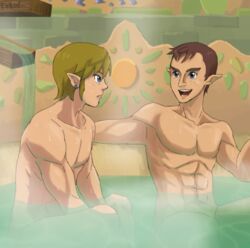 2boys abs bath casual_nudity gay link link_(skyward_sword) male male_only nude onsen pipit shared_bathing skyward_sword the_legend_of_zelda water yaoi