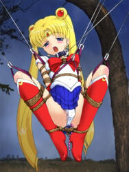 anal anal_beads bishoujo_senshi_sailor_moon blonde_hair blue_eyes blush bondage boots box_tie censored clothing collar earrings female frogtie open_mouth outdoors panties pantyshot rope sailor_moon serafuku skirt solo spark_utamaro suspension tiara tree usagi_tsukino vaginal_insertion vaginal_penetration very_long_hair vibrator vibrator_under_panties