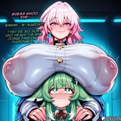 2girls ai_generated alternate_breast_size animal_ears black_choker blush breast_rest breasts breasts_on_head choker closed_mouth covered_nipples english_text fox_ears green_eyes green_hair hair_between_eyes height_difference honkai:_star_rail huge_breasts huohuo_(honkai:_star_rail) jacket long_sleeves march_7th_(honkai:_star_rail) medium_hair multiple_girls nipples pink_eyes pink_hair pink_nails red_ribbon rengchan see-through shirt smile sweat upper_body white_shirt
