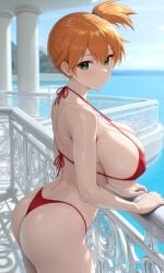 against_railing ai_generated alternative_bust_size ass asymmetrical_hair bare_arms bare_shoulders bikini blush breasts busty closed_mouth clothing female green_eyes hair_between_eyes hair_tie halterneck huge_breasts kasumi_(pokemon) large_breasts looking_at_viewer looking_to_the_side orange_hair pokemon ponytail red_bikini red_swimsuit short_hair side_ponytail sideboob standing strap_gap string_bikini swimsuit thighs thong thong_bikini thong_swimsuit tied_hair