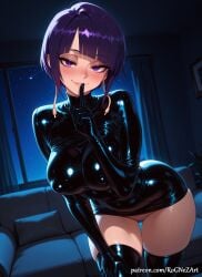 2026 ai_generated anime bangs black_thighhighs blunt_bangs blush bodysuit boku_no_hero_academia breasts cleavage commando couch covered_nipples crossover dress explicit eye_contact female female_focus female_only finger_to_mouth flushed gloves handwear highres huge_breasts indoors inside jirou_kyouka kyoka_jiro large_breasts latex latex_bodysuit latex_gloves looking_at_viewer my_hero_academia night no_panties nsfw patreon patreon_username purple_eyes purple_hair pussy rognezart shiny_clothes short_hair skin_tight sky smile smiling solo spread_pussy star_(sky) thighhighs window