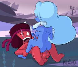2futa canon_couple cowgirl_position cum futa_only futanari handwear intersex mildsauce outdoors ruby_(steven_universe) sapphire_(steven_universe) steven_universe vaginal_penetration