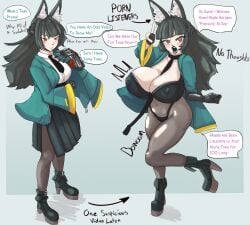 big_breasts bimbo bimbofication bimbofied black_hair blush boots bra breast_expansion breasts breasts_bigger_than_head clothed clothed_female clothed_humanoid dialogue digital_media_(artwork) dress_shirt english_text expansion female fox_ears fox_girl genitals hair hair_braid heart_eyes heel_boots hoshimi_miyabi humanoid jacket jacket_open leash_and_collar looking_at_viewer moffin personality_change red_eyes sequence skirt skirt_down solo speech_bubble text thick_thighs tie transformation transformation_sequence zenless_zone_zero zzz