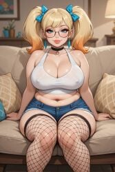 1girls ai_assisted ai_generated belly_button belly_button_piercing big_breasts bimbo blonde_hair blue_eyes breasts choker cleavage denim_shorts earrings female female_only fishnet_legwear fishnet_stockings furniture glasses grok hair_ribbon indoors knees_together_feet_apart large_breasts light-skinned_female lipstick midriff nipple_bulge pillow rgomez007 room_background seductive_look self_upload sitting sitting_on_sofa sleeveless smiling_at_viewer solo solo_female stable_diffusion tank_top thick_eyelashes thick_lips thick_thighs twin_ponytails twintails two_colored_hair voluptuous wide_hips
