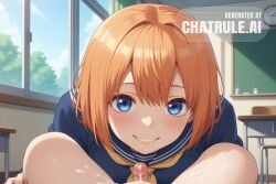 1girl ai_assisted ai_generated blue_eyes classroom cowboy_shot cowgirl_position cum dutch_angle full_body futanari indoors little_penis looking_at_viewer mother_and_daughter orange_hair projectile_cum quintessential_quintuplets school_uniform sex size_difference small_penis smile solo source_anime the_quintessential_quintuplets