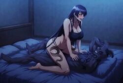 1girl1boy ai_generated ass breasts busujima_saeko cheating cucked cucked_by_bully dark-skinned_male duo female highschool_of_the_dead holding_partner impregnation interracial kissing long_hair male ntr saeko_busujima snake_tattoo sound suspended suspension tattoo tongue_kiss video