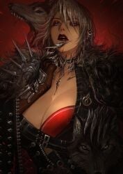 big_breasts breasts cleavage clothed clothes clothing female female_focus female_only fur fur_coat leather leather_clothing leather_jacket lipstick path_to_nowhere pinup renemlem sharp_claws short_hair silver_hair wolf zoya_(path_to_nowhere)